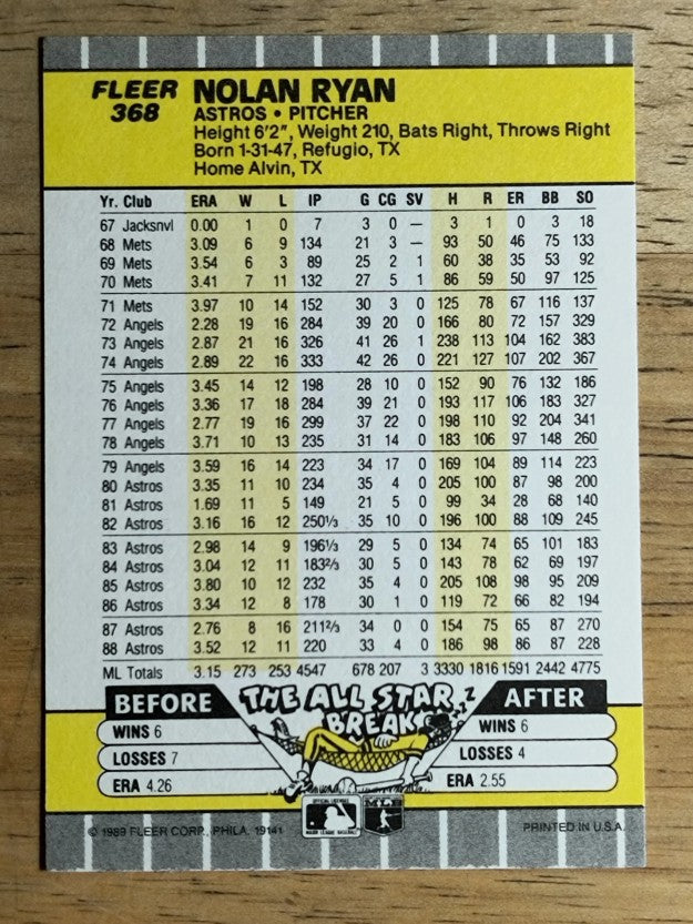 1989 Fleer #368 Nolan Ryan