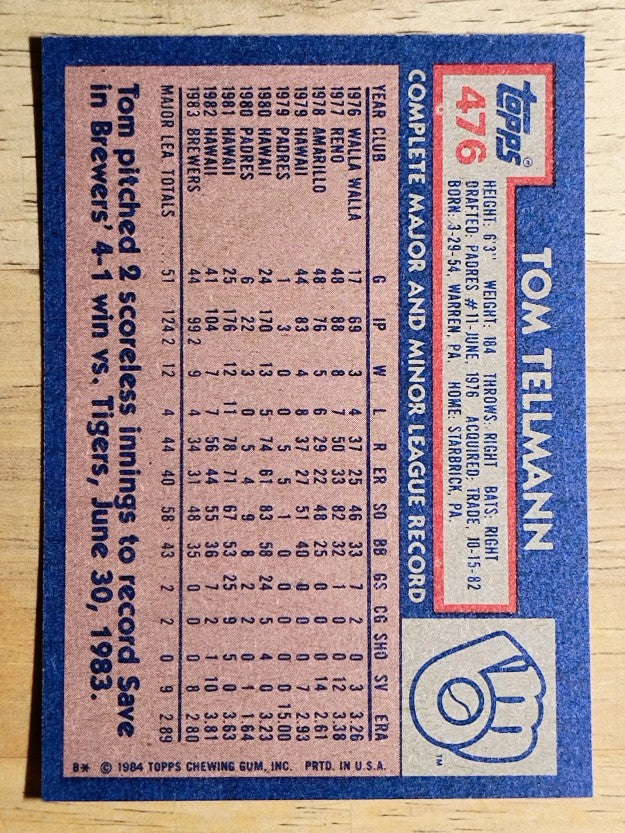 1984 Topps #476 Tom Tellmann