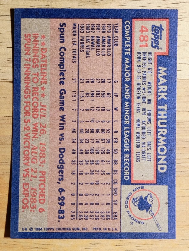 1984 Topps #481 Mark Thurmond