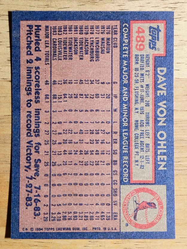 1984 Topps #489 Dave Von Ohlen