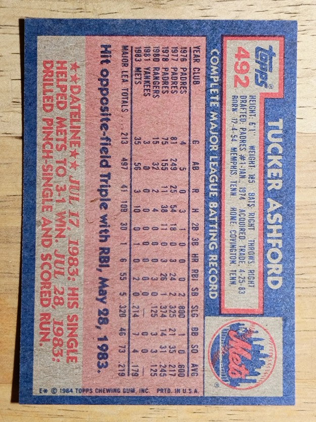 1984 Topps #492 Tucker Ashford