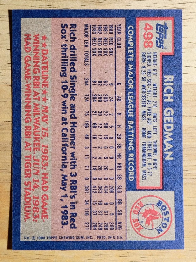 1984 Topps #498 Rich Gedman