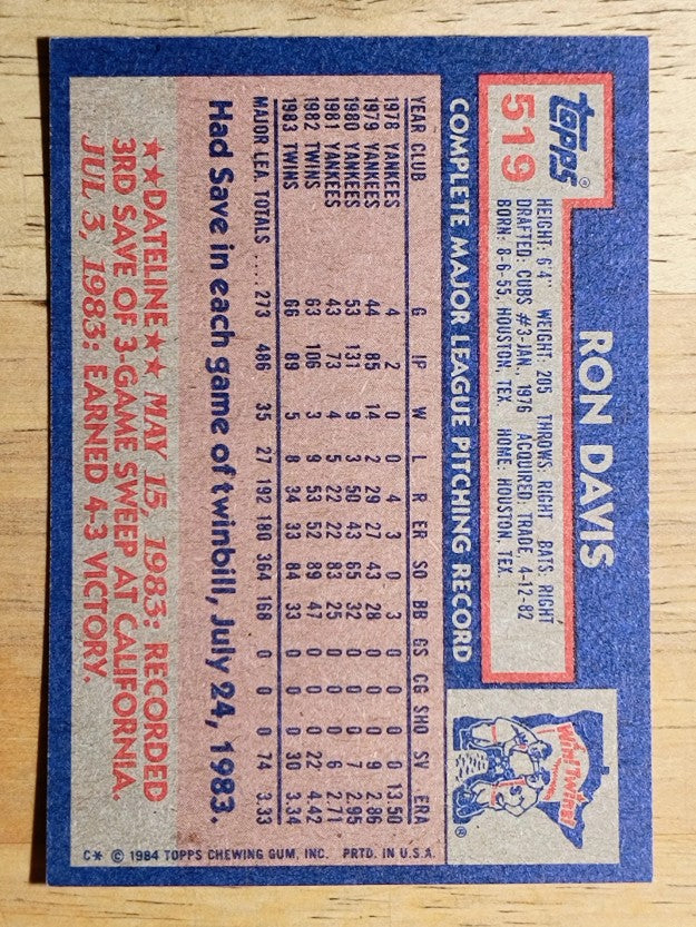 1984 Topps #519 Ron Davis