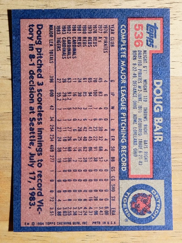 1984 Topps #536 Doug Bair