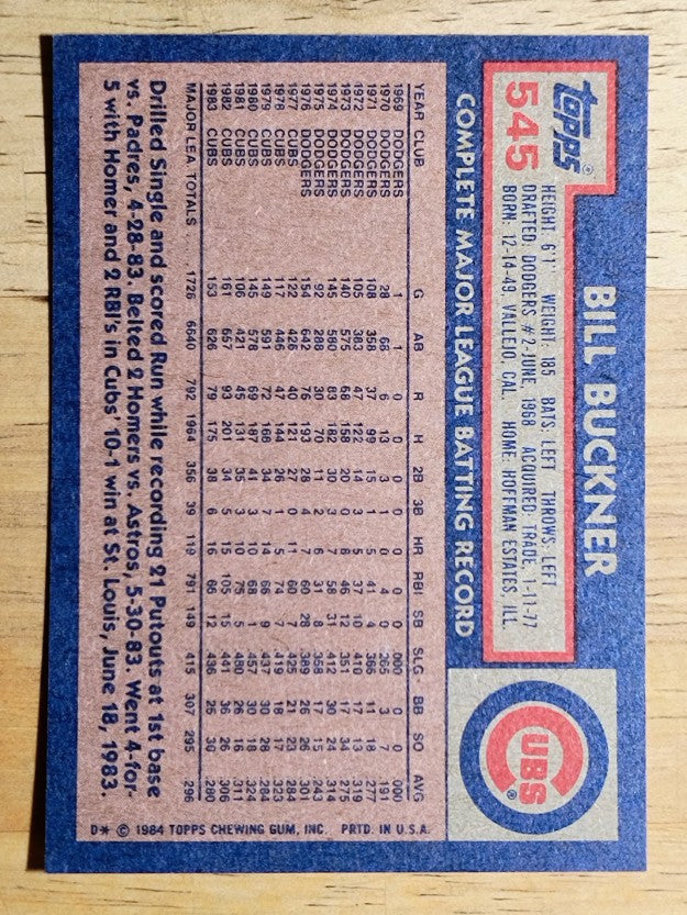 1984 Topps #545 Bill Buckner