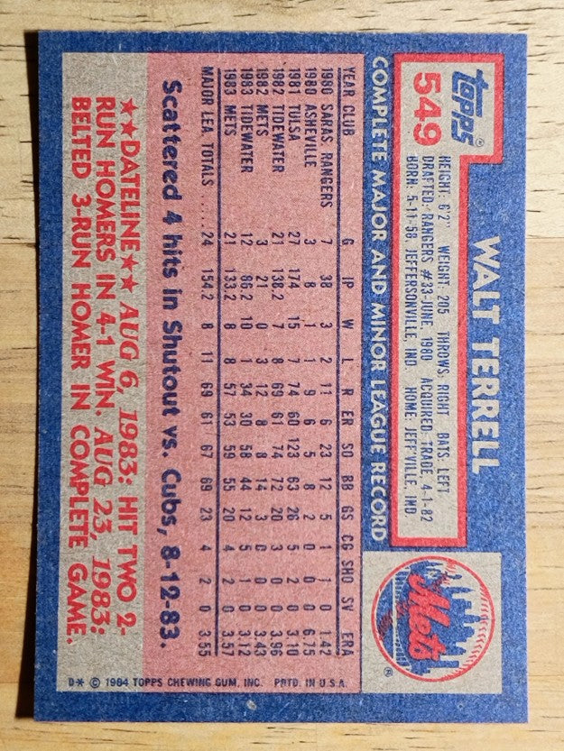 1984 Topps #549 Walt Terrell
