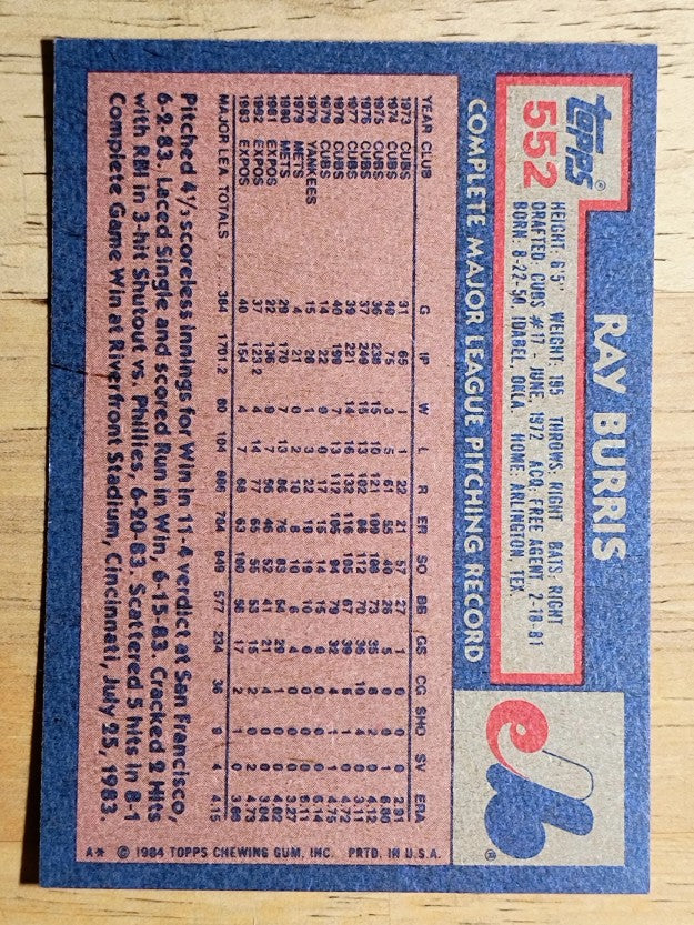 1984 Topps #552 Ray Burris
