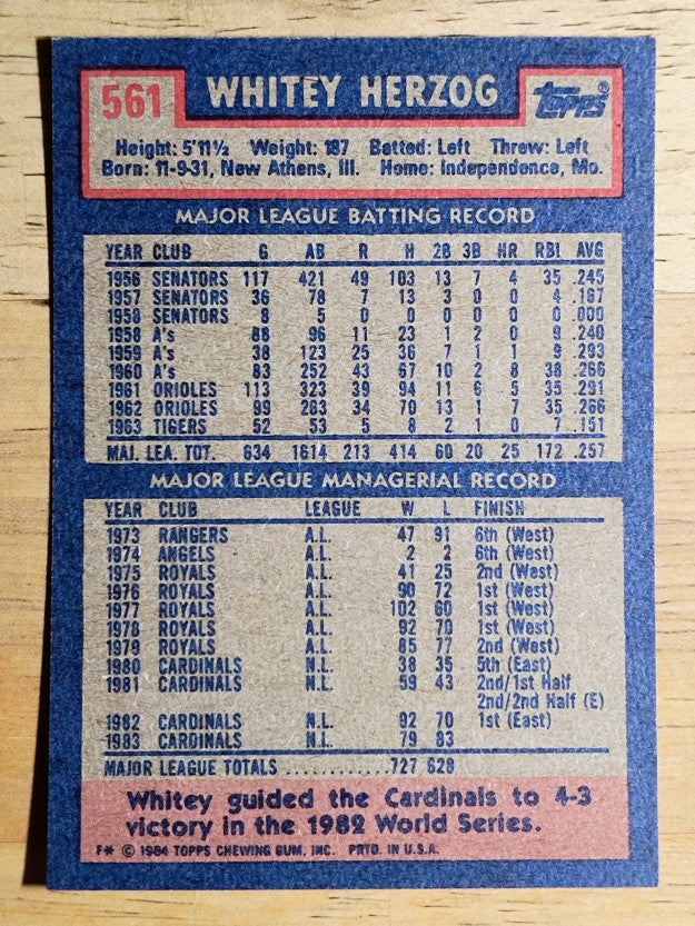 1984 Topps #561 Whitey Herzog MG