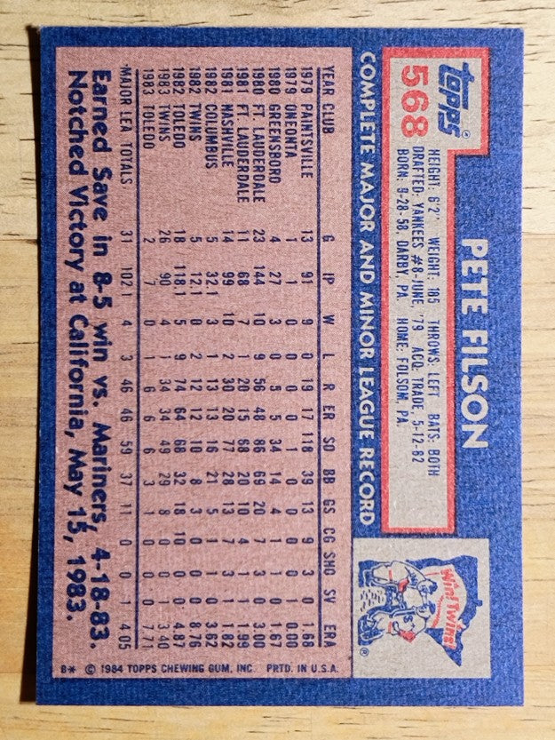 1984 Topps #568 Pete Filson