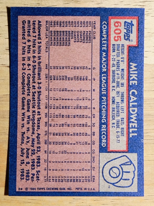 1984 Topps #605 Mike Caldwell