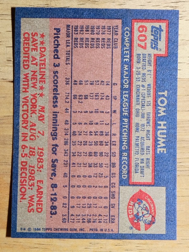 1984 Topps #607 Tom Hume