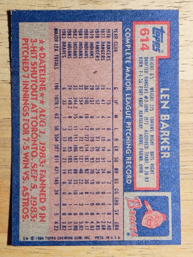 1984 Topps #614 Len Barker