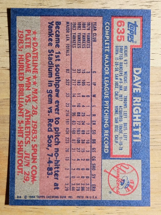 1984 Topps #635 Dave Righetti