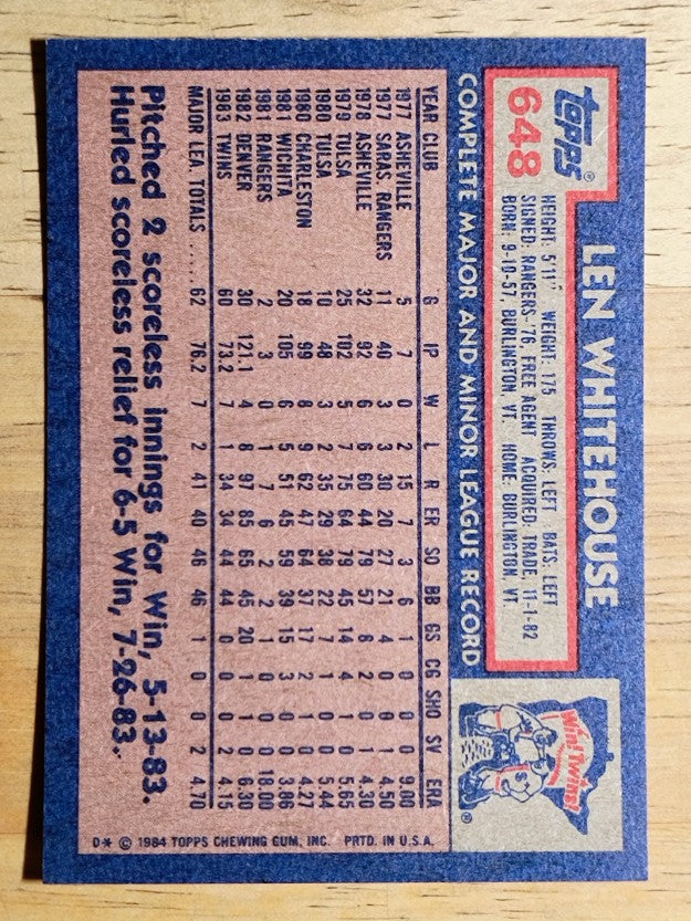 1984 Topps #648 Len Whitehouse