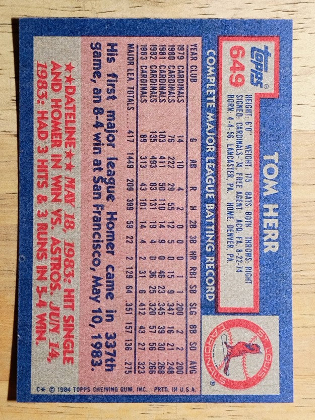 1984 Topps #649 Tom Herr