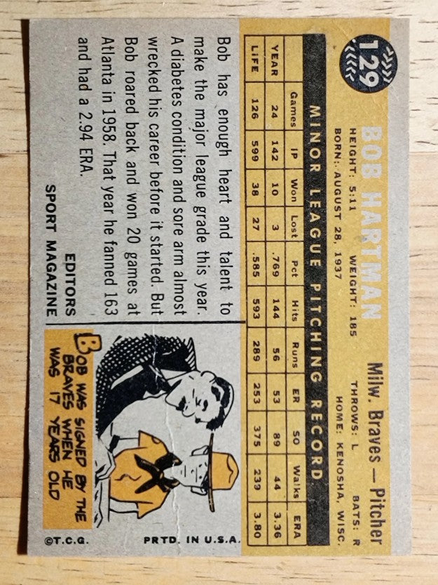 1960 Topps #129 Bob Hartman RS (VG)