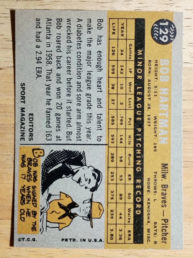 1960 Topps #129 Bob Hartman RS (EXMT)