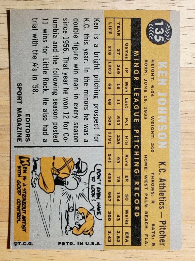 1960 Topps #135 Ken Johnson RS RC (EXMT)