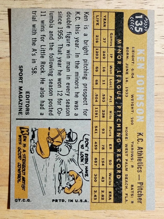 1960 Topps #135 Ken Johnson RS RC (EXMT)