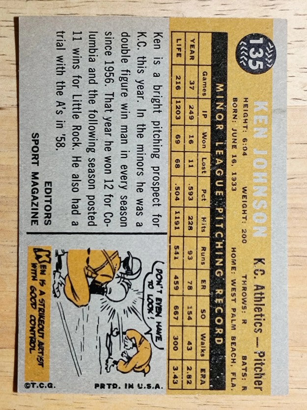 1960 Topps #135 Ken Johnson RS RC (EXMT)