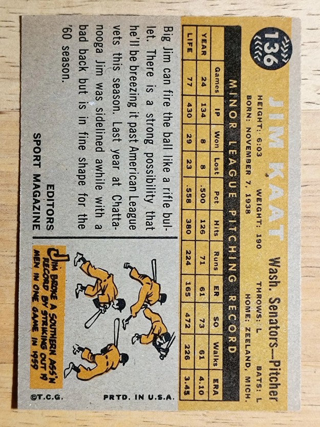1960 Topps #136 Jim Kaat RS RC (EXMT)