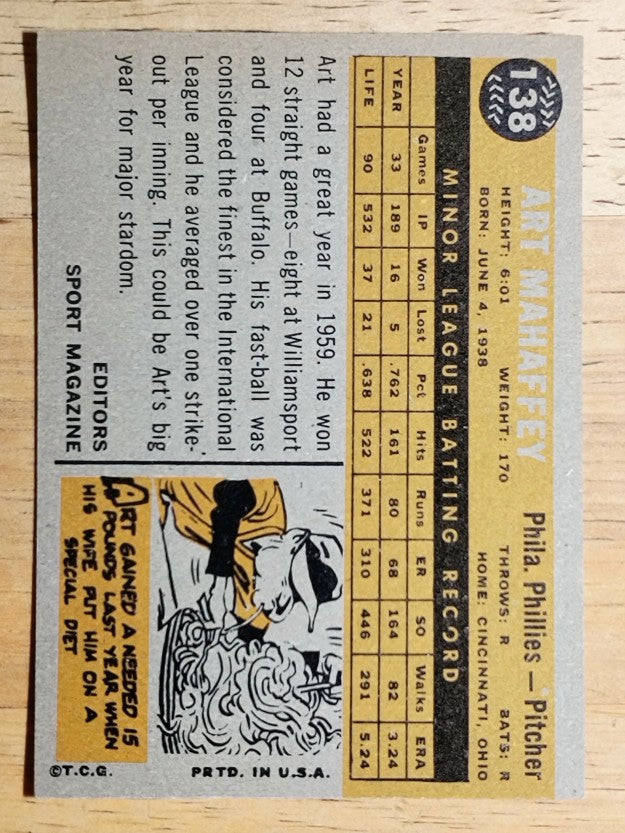 1960 Topps #138 Art Mahaffey RS RC (NM)