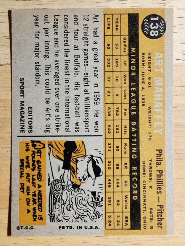 1960 Topps #138 Art Mahaffey RS RC (NM)