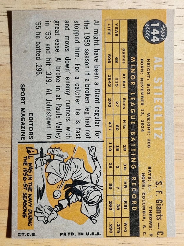 1960 Topps #144 Al Stieglitz RS RC (EXMT)