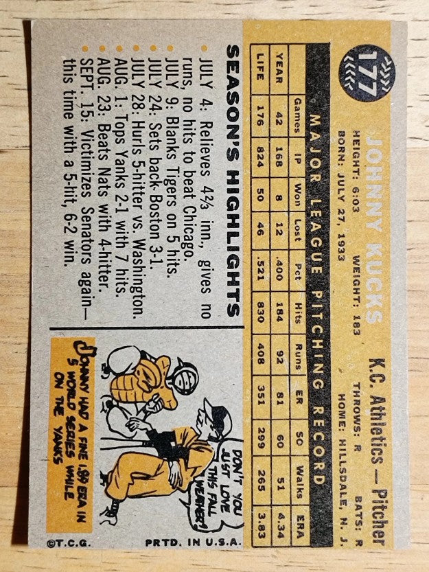1960 Topps #177 Johnny Kucks (EXMT)