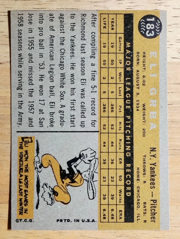 1960 Topps #183 Eli Grba RC (EXMT)