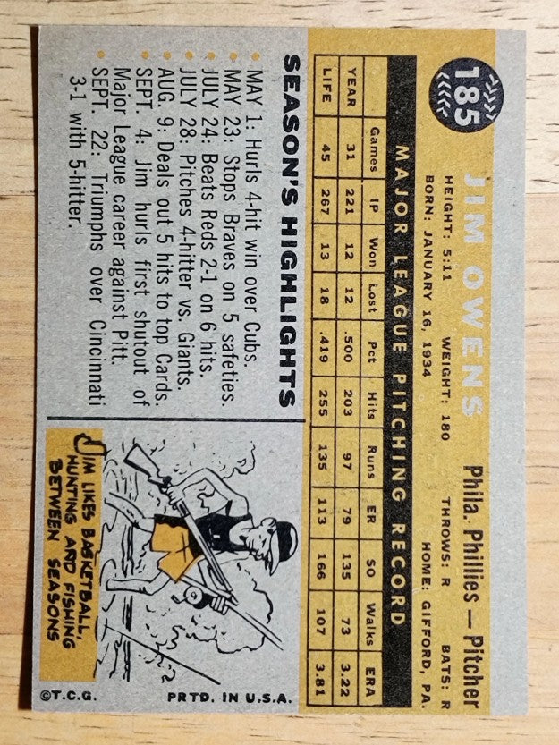 1960 Topps #185 Jim Owens (EX)