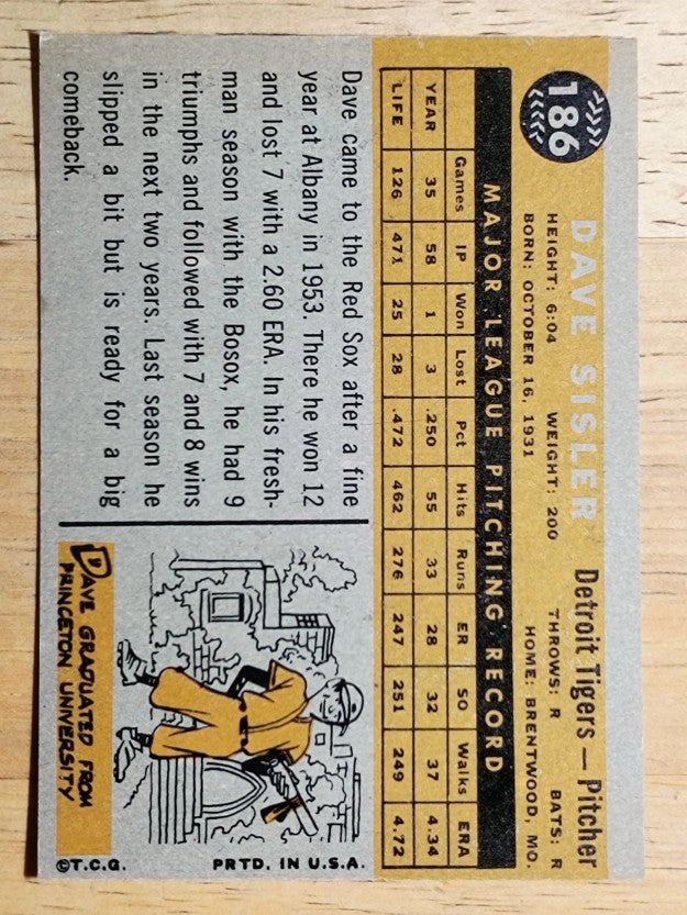 1960 Topps #186 Dave Sisler (EXMT)
