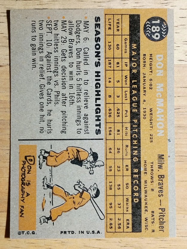 1960 Topps #189 Don McMahon (NM)