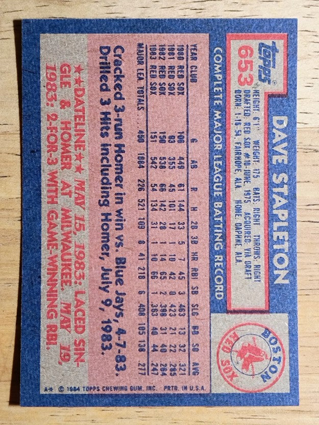 1984 Topps #653 Dave Stapleton