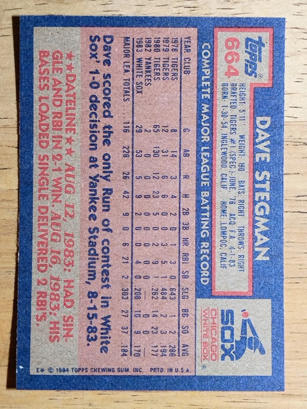 1984 Topps #664 Dave Stegman