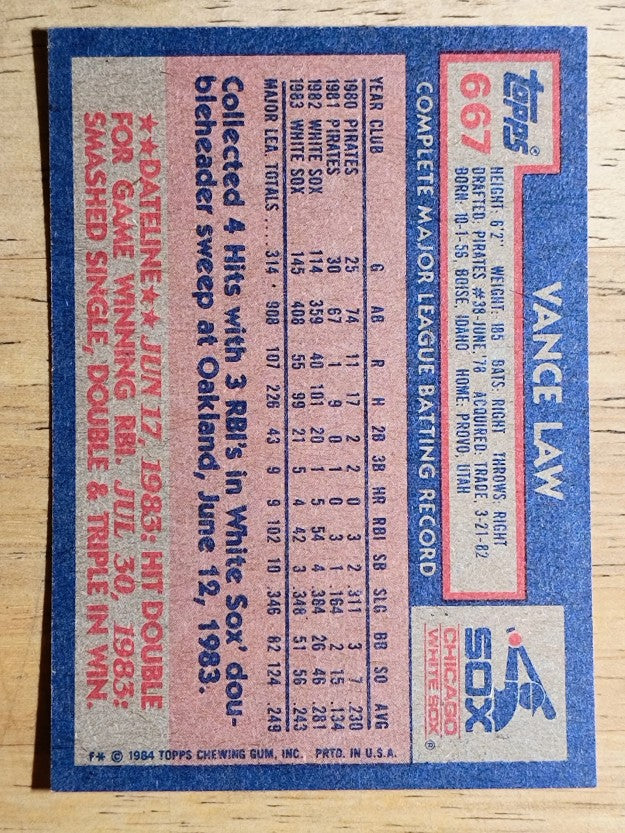 1984 Topps #667 Vance Law