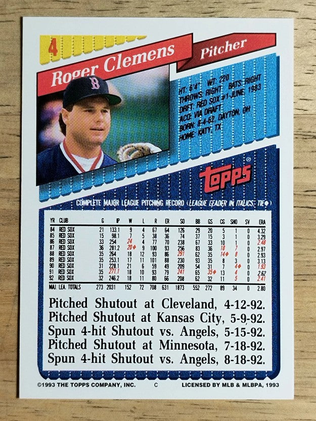 1993 Topps #4 Roger Clemens