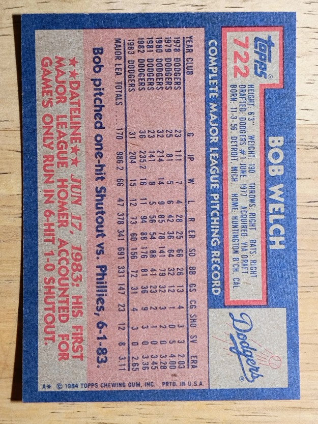 1984 Topps #722 Bob Welch