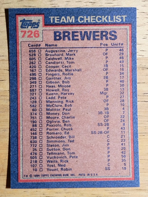 1984 Topps #726 Brewers TL/Ted Simmons/Moose Haas