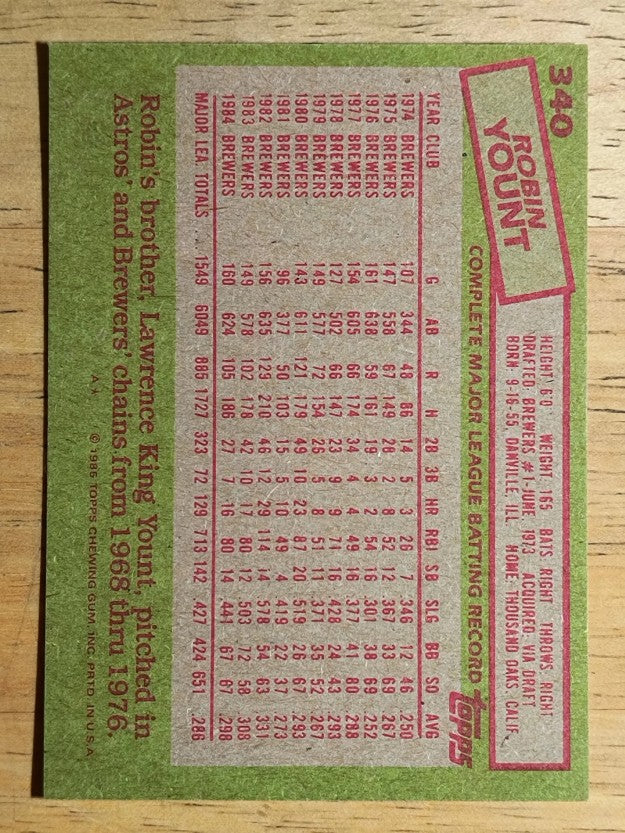 1985 Topps #340 Robin Yount