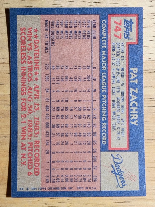 1984 Topps #747 Pat Zachry