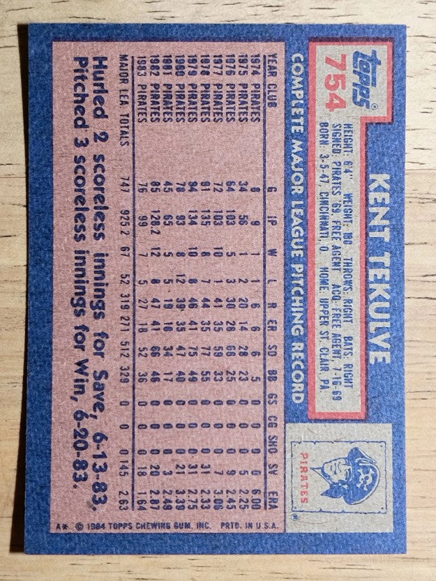 1984 Topps #754 Kent Tekulve