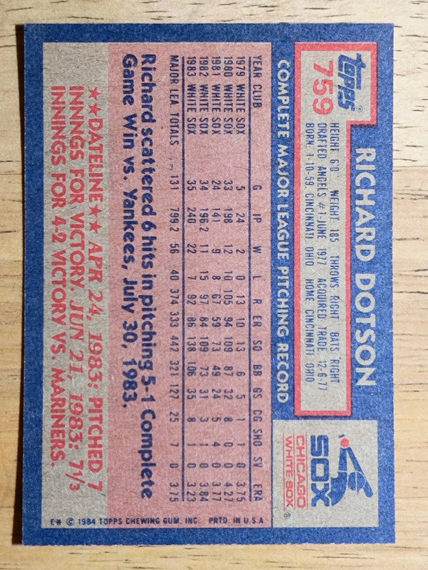 1984 Topps #759 Richard Dotson