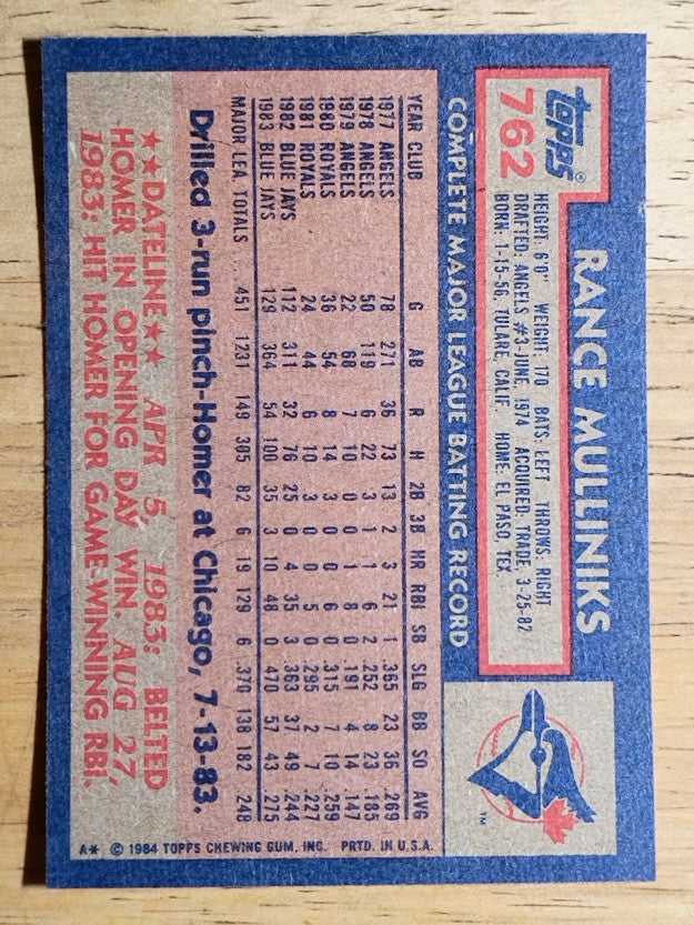 1984 Topps #762 Rance Mulliniks