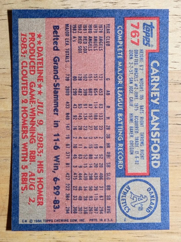 1984 Topps #767 Carney Lansford