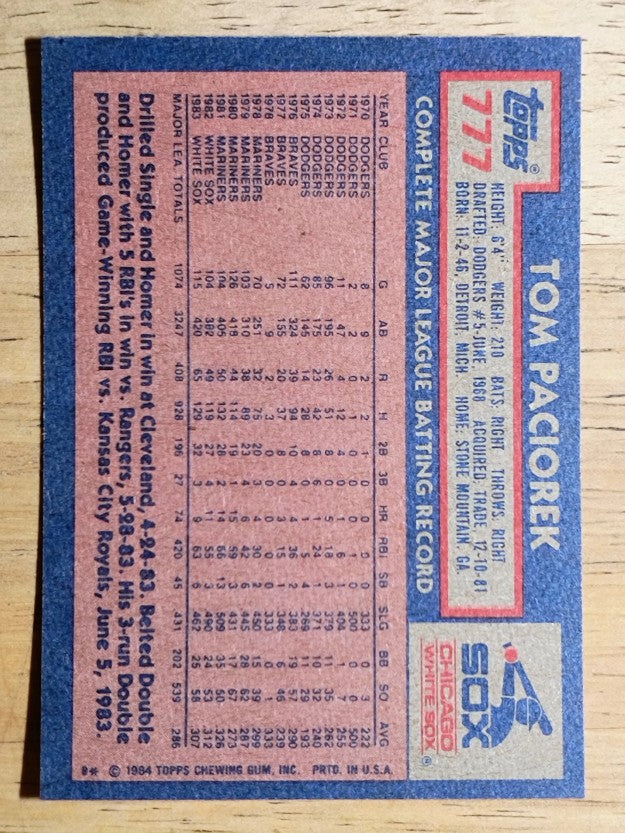 1984 Topps #777 Tom Paciorek