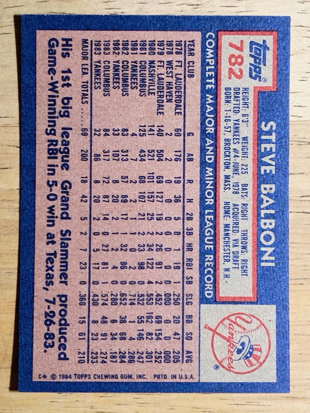 1984 Topps #782 Steve Balboni