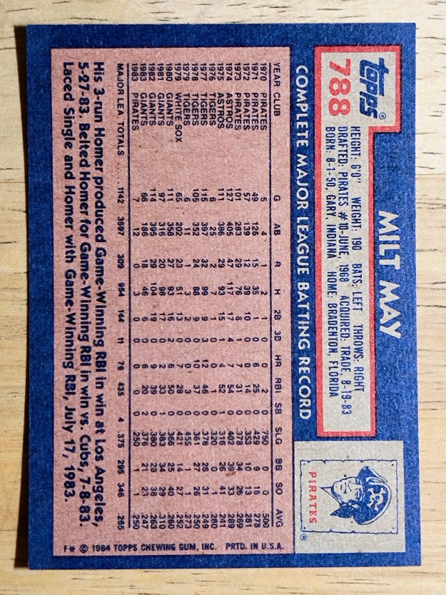 1984 Topps #788 Milt May