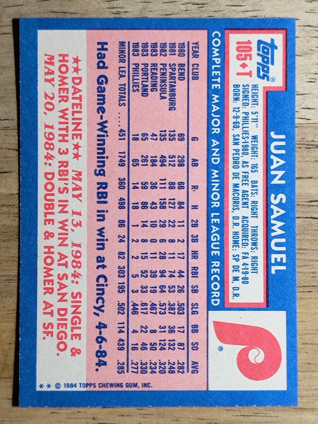 1984 Topps Traded #105T Juan Samuel XRC