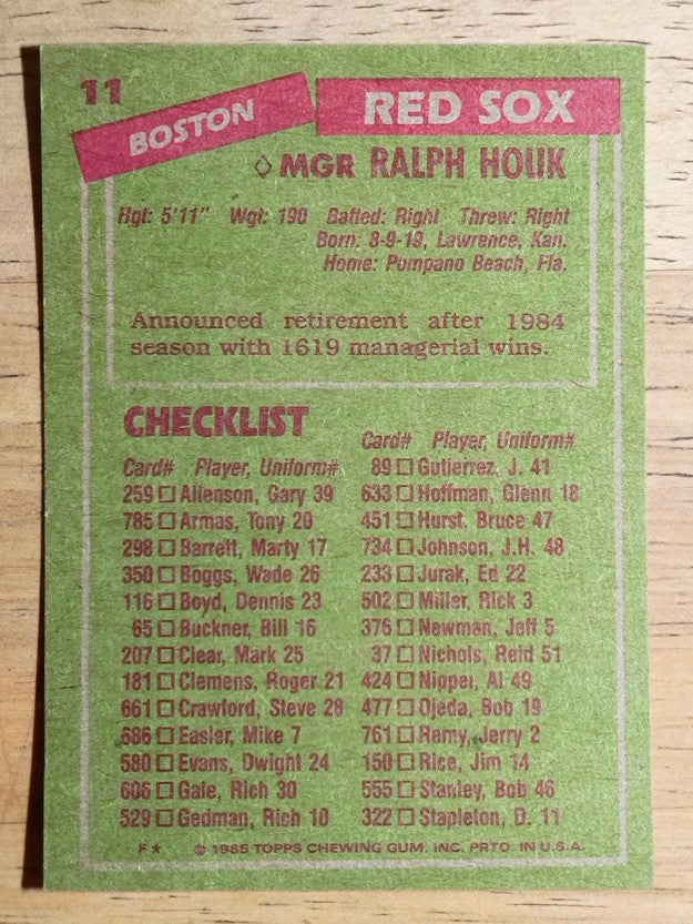 1985 Topps #11 Ralph Houk MG
